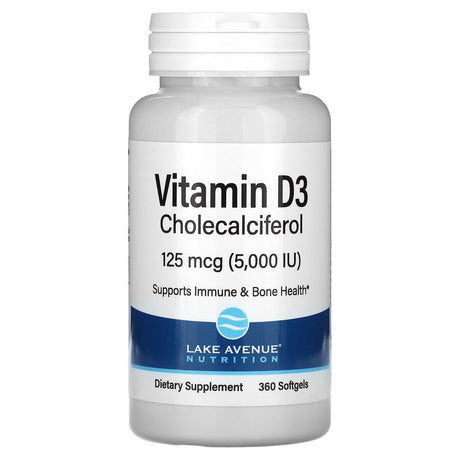 Vitamin D3 by Lake Avenue Nutrition - Featuring Essential Vitamin D3 as Cholecalciferol from Lanolin - Support for Immune System & Bone Health - Gluten Free, Non-Gmo - 125 Mcg - 360 Softgels