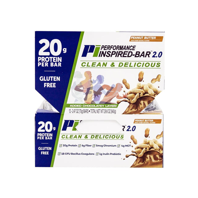 Performance Inspired Nutrition - Protein Bar 2.0 – Contains - 20G Protein - 6G Fiber - 4G Mcts - 1 Billion CFU Probiotics – 1G Prebiotics - G Free – BIG 70G Bar - Peanut Butter - 12Ct. Box