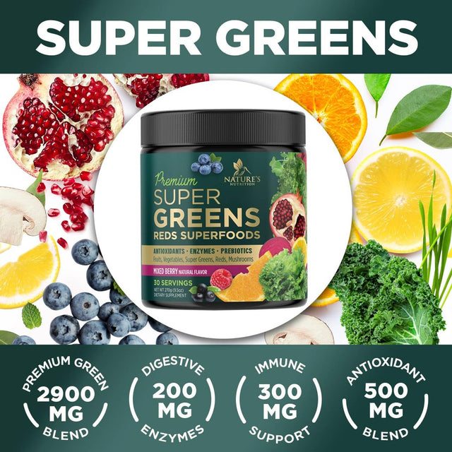 Greens Superfood Powder Supplement - Super Green Smoothie Mix Blend with Spirulina, Wheat Grass, Chlorella, Beets, Digestive Enzymes & Antioxidants - Natural Gut Health, Vegan & Non-Gmo - 30 Servings