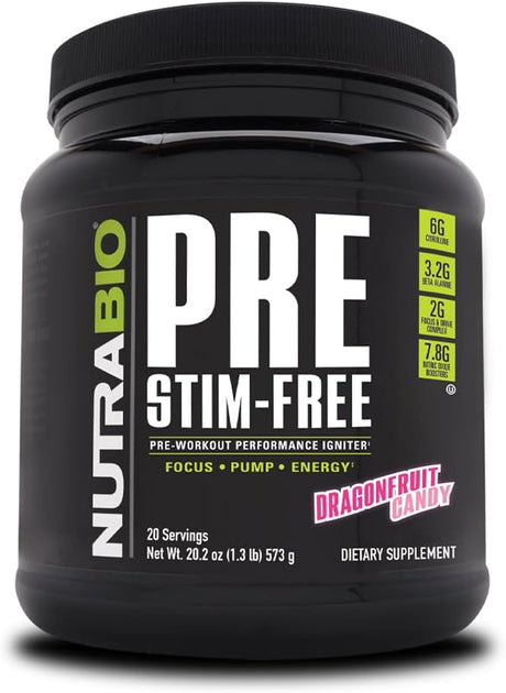 Nutrabio PRE Stim Free - Caffeine Free Pre Workout Powder - Sustained Energy, Mental Focus, Endurance - Clinically Dosed Formula - Beta Alanine, Creatinine - Dragonfruit Candy