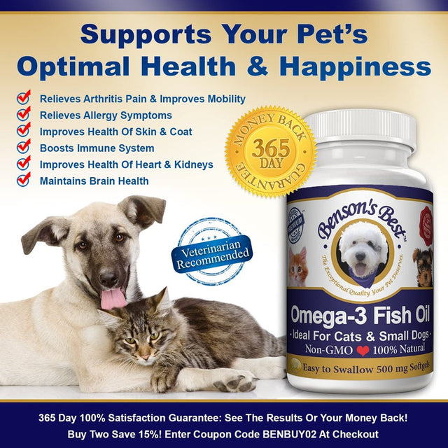 Benson'S Best Omega-3 Fish Oil for Cats & Small Dogs. Provides 43% More Omega-3 than Salmon Oil! 100% Pure, Natural & Non-Gmo, 200 Easy to Swallow 500 Mg Softgel Capsules: Ideal for Cats & Small Dogs!