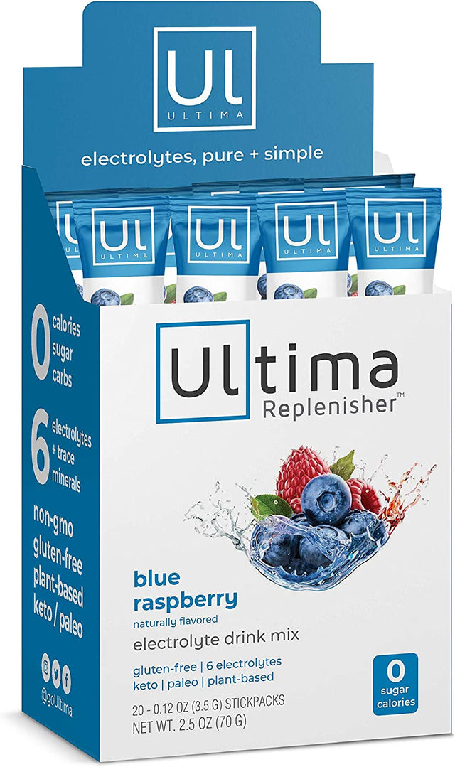 Ultima Replenisher Electrolyte Hydration Drink Mix, Blue Raspberry, 20 Serving Stickpack Box - Sugar Free, 0 Calories, 0 Carbs - Gluten-Free, Keto, Non-Gmo, Vegan, with Magnesium, Potassium, Calcium