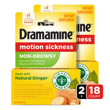 Dramamine Non-Drowsy, Motion Sickness Relief, Made with Natural Ginger, 18 Count, 2 Pack