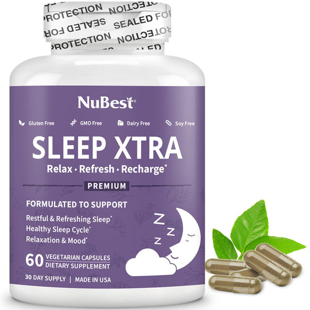 Sleep Xtra by Nubest, Natural Sleep Aid for Children 10+ & Adults, Supports Restful Sleep Naturally with Melatonin, Vitamin B6, Minerals & Herbs, Non-Habit-Forming, 60 Vegan Capsules