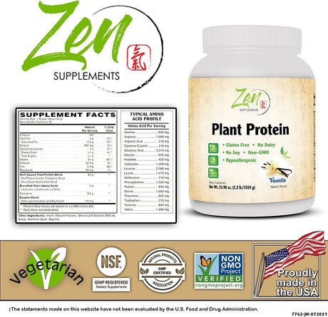 Plant Protein-Vanilla 1020G 2.2Lb-Powder - 25 Grams of Protein per Serving -Vegan, Low Net Carbs, Non Dairy, Gluten Free, Lactose Free, No Sugar Added, Soy Free, Kosher, Non-Gmo