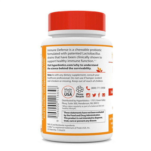 Hyperbiotics Immune Defense - Daily Probiotic - 3 Billion CFU - Natural Orange Flavor - 60 Chewable Tablets