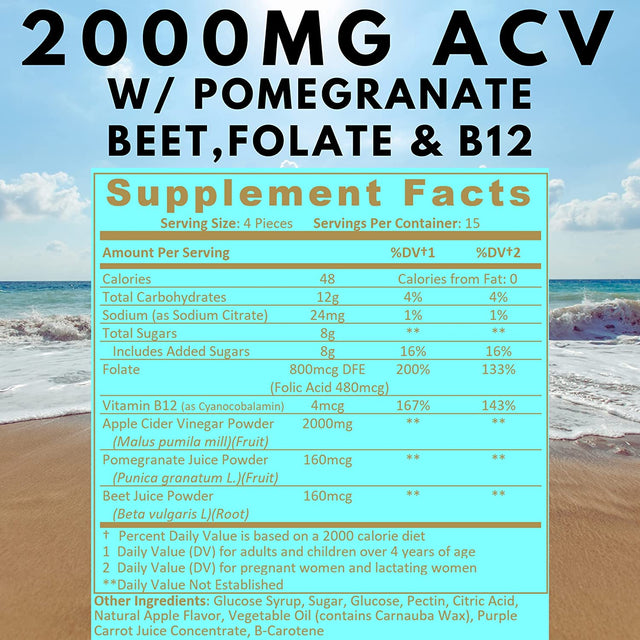 Weight Loss Detox Gummies. for Kids & Women W/Beet Root & 2000Mg ACV Apple Cider Vinegar Gummies with Mother, B12 & B9 Vitamin-480Mcg Folic Acid