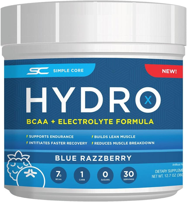 Hydro X BCAA Powder + Electrolytes for Fuel, Stamina, and Hydration, 30 Servings (Blue Razzberry)