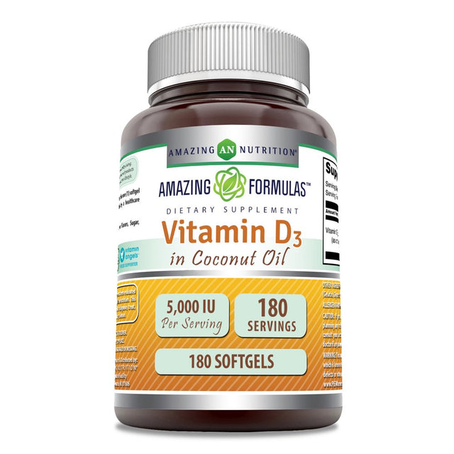 Amazing Formulas Vitamin D3 in Coconut Oil -5000IU, 180 Softgels - (Non-Gmo) Vitamin for Optimal Body Function - Supports Bone Health, Cardiovascular Health, Kidney Function