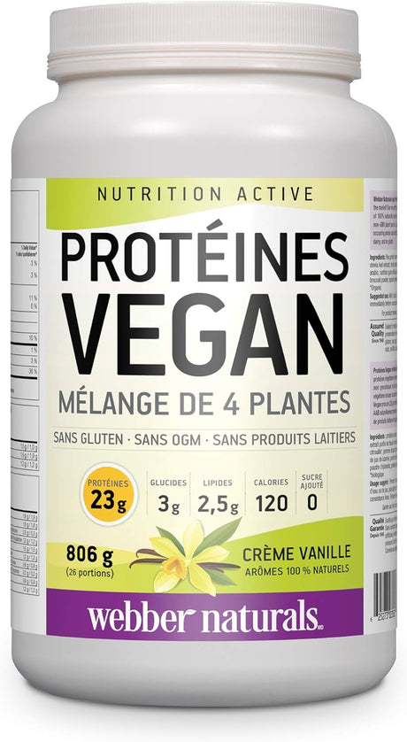 Webber Naturals Vegan Protein Powder, 4-Plant Blend, Vanilla Cream Flavour, 26 Servings, 23 G of Protein, 806 G