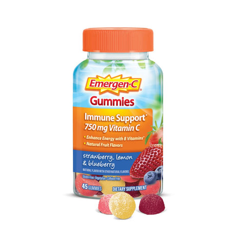 Emergen-C 750Mg Vitamin C Gummies for Adults, Immune Support Gummies, Gluten Free, Strawberry, Lemon and Blueberry Flavors - 45 Count