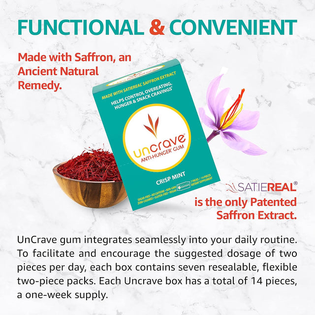 Gum with Satiereal Saffron Extract - Control Compulsive Snacking, Overeating and Cravings for Healthy Weight Management - Improve Mood - Crisp Mint, 4 Boxes of 7 Packs (56 Pieces)