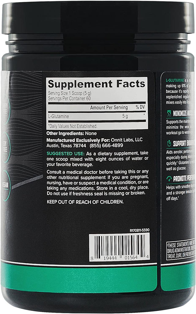 Onnit Glutamine | Boosts Aerobic Performance, Reaction Time and Gut Health | NSF Certified for Sport | 60 Servings (Unflavored)