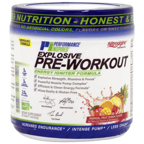 Performance Inspired Nutrition - Pre-Workout Powder - All Natural - G-Free & Vegan Formula - Nitrosigine - Green Tea - Arginine - Beta Alanine - Tropical Fruit Punch - 32 Servings