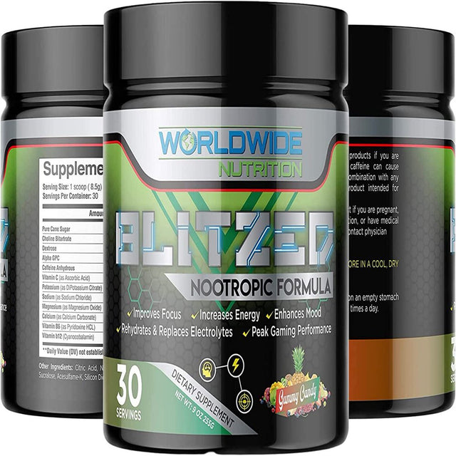 Worldwide Nutrition Blitzed Nootropic Formula - All Natural Energy Drink Mix Powder - Brain Supplements for Memory and Focus - Enhanced Focus and Energy Supplement- Gummy Candy Flavor - 30 Servings