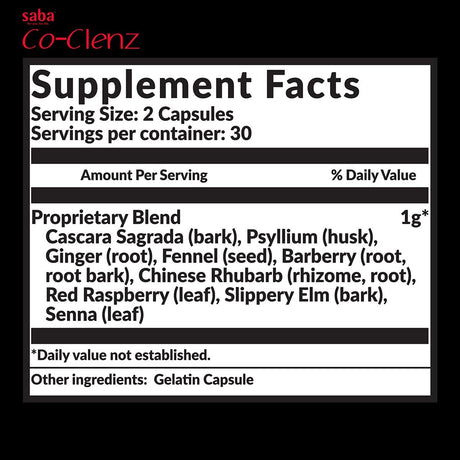 Saba Co-Clenz - 5 Day Cleanse for Men & Women-Supports Healthy Bowel Movements- Detox, Colon Health, Helps Constipation -30 Capsules,