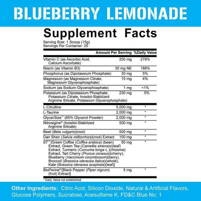 5% Nutrition Rich Piana Fasf Overdosed Nitric Oxide Booster, Stim-Free Pump Pre-Workout | Massive Pumps, Strength Gains & Endurance | L-Citrulline, Nitrosigine, Danshen | 13.23 Oz (Blueberry Lemonade)