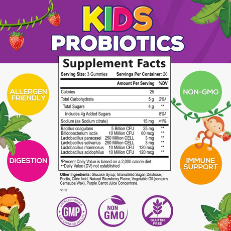 Probiotic for Kids Gummies - 5 Billion CFU with Lactobacillus & Bifidobacterium - Nature'S Kids Probiotics Gummy - Digestive Health & Immune Support, Berry Flavor, Gluten & Dairy Free - 60 Gummies