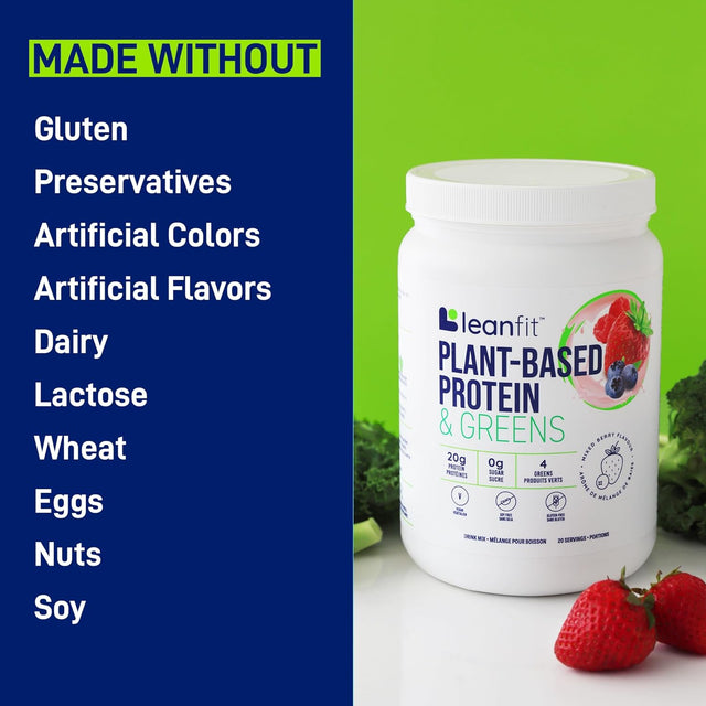 Leanfit Plant-Based Protein & Greens, Natural Berry, 20G Protein, 19 Servings, 1.25 Pound Tub