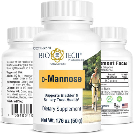 Bio-Tech Pharmacal D-Mannose, 50 Gm Powder – All-Natural Supplement – Supports Healthy Function of Bladder and Urinary Tract – No Dairy, Fish, Gluten, Peanut, Shellfish, & Soy