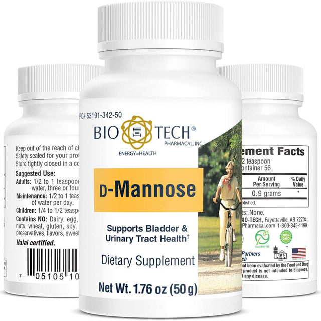 Bio-Tech Pharmacal D-Mannose, 50 Gm Powder – All-Natural Supplement – Supports Healthy Function of Bladder and Urinary Tract – No Dairy, Fish, Gluten, Peanut, Shellfish, & Soy