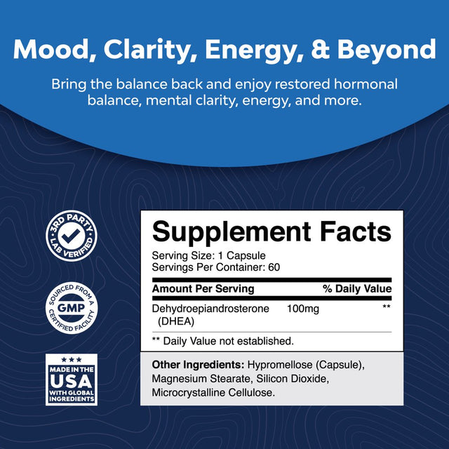 Pure DHEA Supplement for Women and Men - 100Mg per Serving Thyroid Support Health Immune Support Bone Health and Mood Support Supplement - DHEA Energy Supplement and Potent Supplement