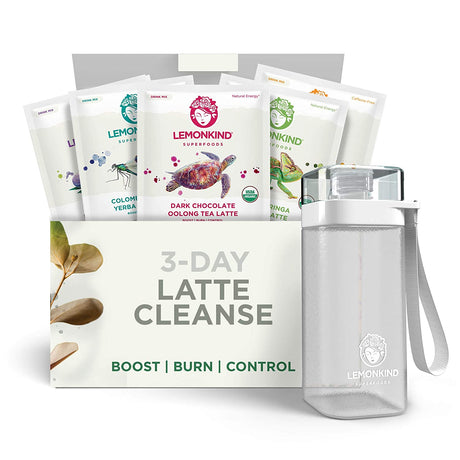 LEMONKIND Organic 3 Day Cleanse with Clinically Studied Prickly Pear - Keto-Friendly, Plant-Based Protein & Gluten-Free, 15 Lattes (Coffee, Chocolate, Vanilla, Maqui & Matcha) + Blender Bottle