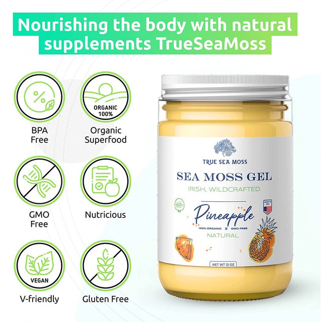 Trueseamoss Wildcrafted Irish Sea Moss Gel – Nutritious Raw Seamoss Rich in Minerals, Proteins & Vitamins – Antioxidant Health Supplement, Vegan-Friendly Made in USA (Pineapple, 2)