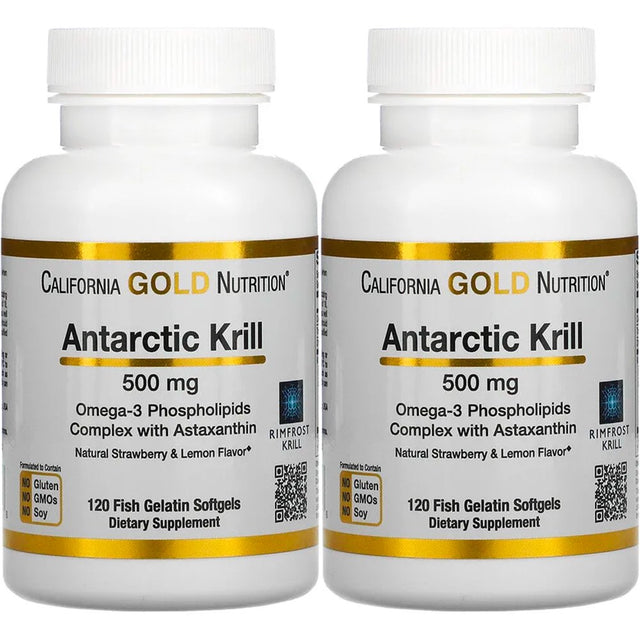 California Gold Nutrition Antarctic Krill Oil, Ultra-High Omega-3 with Astaxanthin, Natural Strawberry & Lemon Flavor, Non GMO, Gluten Free, 500 Mg, 120 Fish Gelatin Softgels, 2 Pack