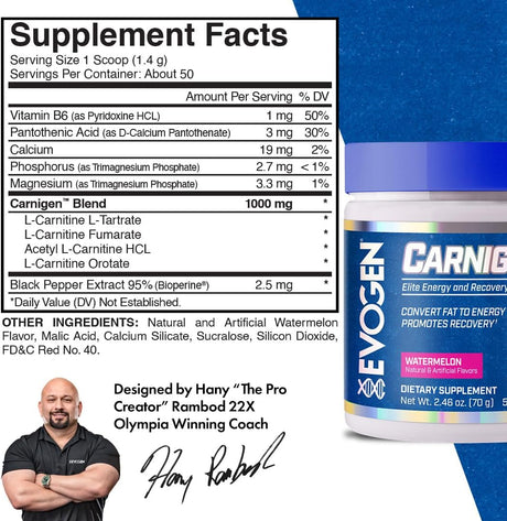 Evogen Carnigen Watermelon | Carnitine Fat Burning Powder, Carnitine Tartrate, Acetyl-L-Carnitine, Carnitine Orotate, Carnitine Fumarate, Bioperine | 50 Servings