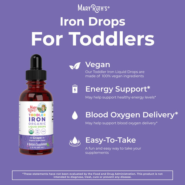 Maryruth'S | USDA Organic Iron Liquid Drops for Children Ages 1-3 | Liquid Iron Supplement | Grape Flavor | Vegan, Non-Gmo | 2 Fl Oz / 60Ml