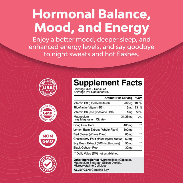 Complete Herbal Menopause Supplement for Women - Multibenefit Menopause Relief Hormone Balance for Women for Night Sweats Mood and More with Dong Quai Vitex Chaste Berry and Black Cohosh - 25 Servings