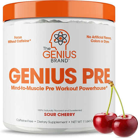 Pre-Workout Natural Energy Supplement Caffeine-Free Nootropic Focus & Muscle Building Support, Sour Cherry, Genius Pre by the Genius Brand