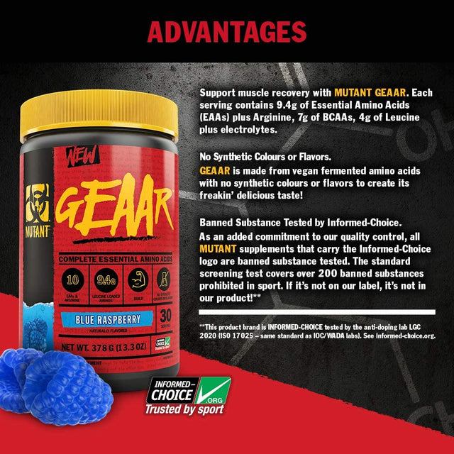 Mutant GEAAR - 9.4G of EAA Powder + Arginine, 7G Bcaas, 4G Leucine, Electrolytes, Coconut Water, No Artificial Colors or Flavors, Delicious Taste - 30 Servings - Blue Raspberry - 378G