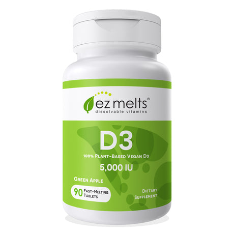 EZ Melts Vitamin D3 Supports Bone and Immune Health, 5000 IU 90 Tablets, Apple Flavored, Vegan Dietary Supplements, Dissolvable and Fast Melting