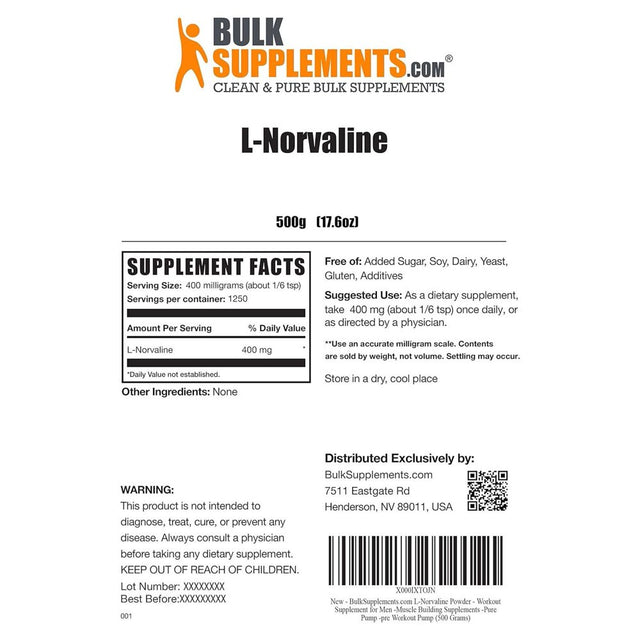 BULYAXIA L-Norvaline Powder - Amino Acids Supplement for Energy, Nitric Oxide Supplement - Gluten Free - 400Mg per Serving, Multiple Servings (500 Grams - 1.1 Lbs)