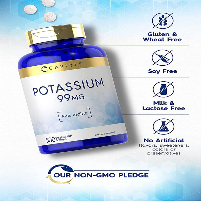 Potassium 99Mg | plus Iodine | 500 Vegetarian Tablets | Non-Gmo and Gluten Free Supplement | by Carlyle