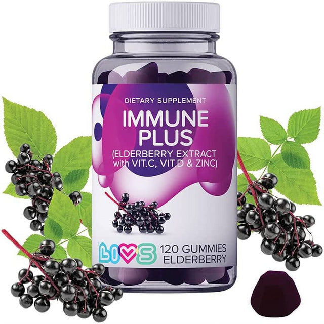 LIVS Immune plus Elderberry Gummies for Kids & Adults, 120 Count, Immune Support Supplement with Zinc and Vitamin C, Zinc Citrate and Sambucus