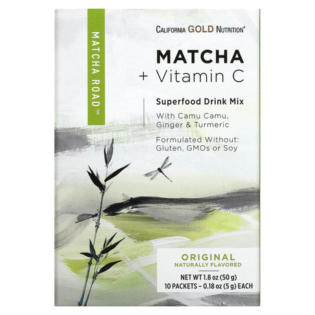 Matcha + Vitamin C Powder by California Gold Nutrition - Superfood Drink Mix with Green Tea, Camu Camu, Ginger, Turmeric, & Vitamin C - Gluten Free, Non-Gmo - 10 Packets - Original Matcha Flavor