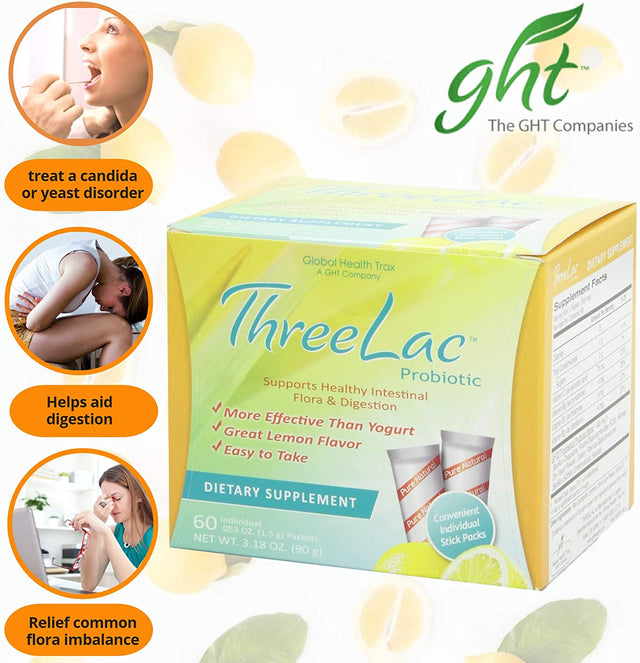 Threelac Probiotic Natural Lemon Flavor Dietary Supplement (2 Boxes) 60 Packets Supports Intestinal and Digestive Health