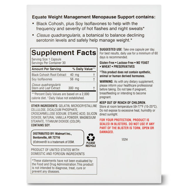 Equate Menopause Support Weight Management Dietary Supplement, 30 Count