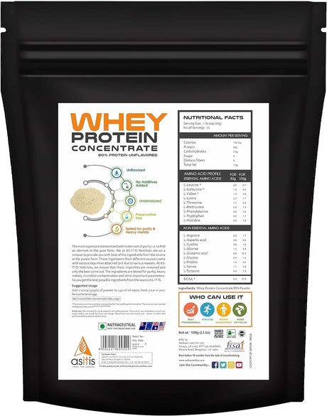 AS-IT-IS Nutrition Whey Protein Concentrate 80% - 1Kg/35.2 Oz Cross-Flow Microfiltered | Unflavoured | Tested for Purity | Non-Gmo and Gluten-Free No Preservatives