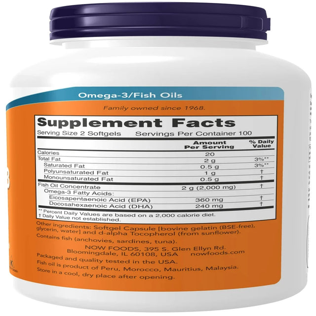 NOW Supplements, Omega-3 180 EPA / 120 DHA, Molecularly Distilled, Cardiovascular Support*, 200 Softgels