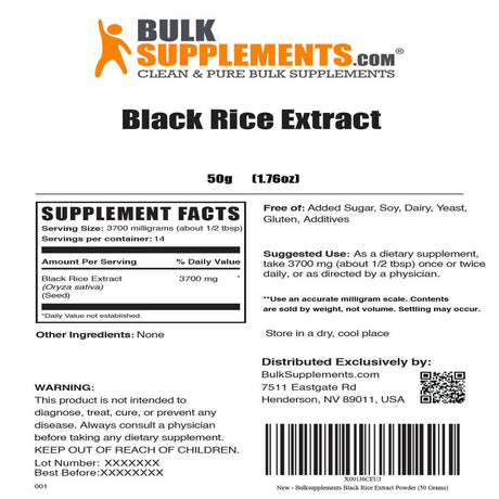 Bulksupplements.Com Black Rice Extract Powder, 3700Mg - Heart & Vision Support (50G - 14 Servings)