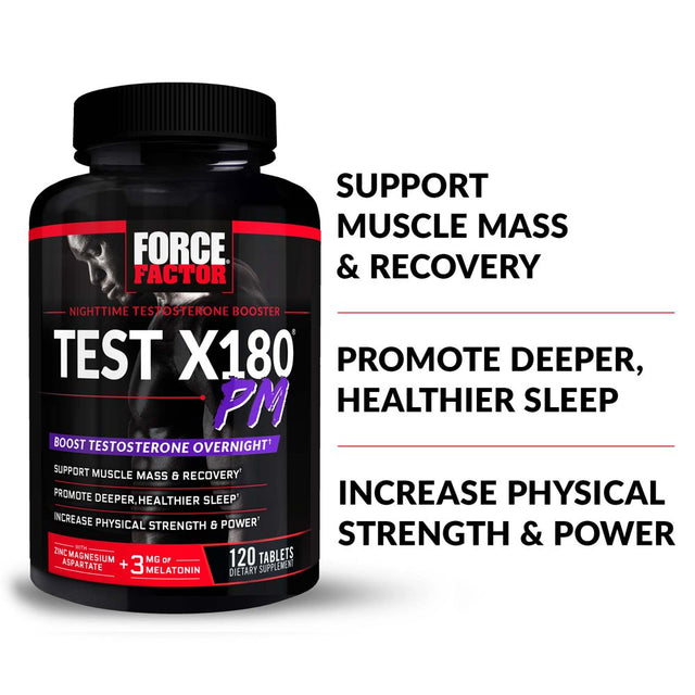 Test X180 PM Testosterone Booster for Men, Overnight Testosterone Supplement to Build Muscle, Increase Strength, and Promote Deeper, Healthier Sleep and Recovery, Force Factor, 120 Tablets