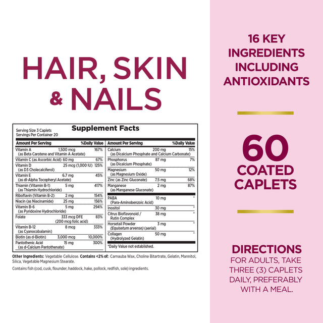 Nature'S Bounty Optimal Solutions Hair, Skin & Nail Vitamin Caplets with Biotin 3000 Mcg, 60 Ct