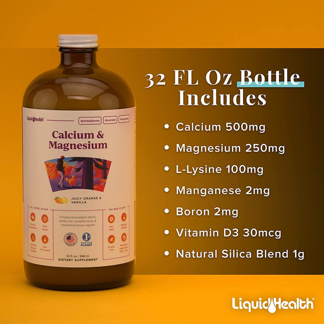 Liquid Health 2 Pack Calcium & Magnesium, Vitamin D3, Liquid Supplement Joint and Bones Tissue Support, Citrate Vegetarian Natural Non GMO - 32 Fl Oz.