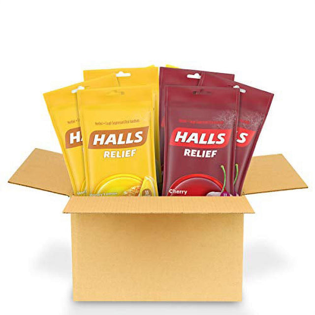 HALLS Relief Variety Pack Honey Lemon and Cherry Cough Drops, 6 Packs of 30 Drops (180 Total Drops)