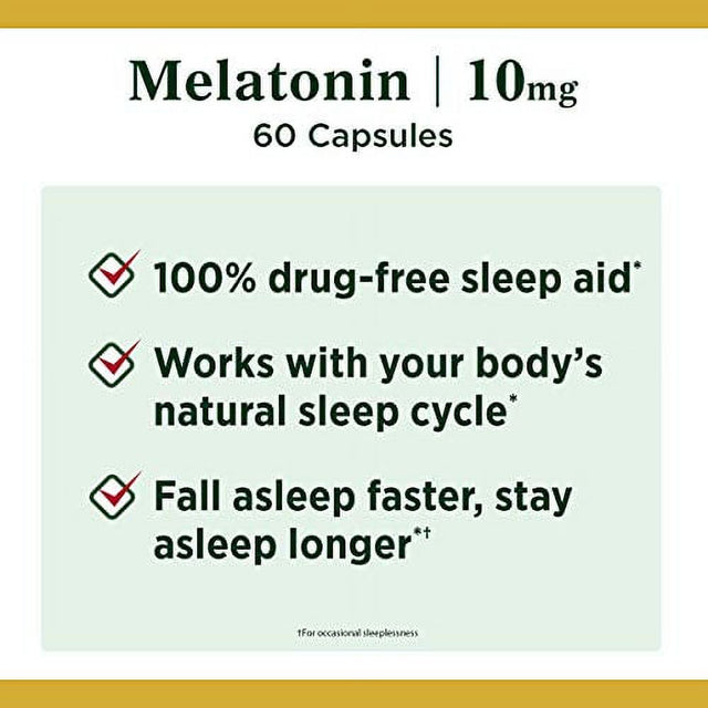 Nature'S Bounty Melatonin, 100% Drug Free Sleep Aid, Dietary Supplement, Promotes Relaxation and Sleep Health, 10Mg, Green, 60 Count