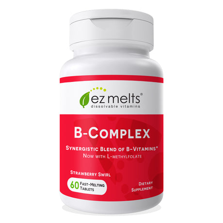 EZ Melts Sublingual Vitamin B Complex with Methylfolate for Stress and Mood Support, 9 Vital Vitamin B, 60 Tablets, Strawberry Flavored, Vegan Dietary Supplements, Dissolvable and Fast Melting